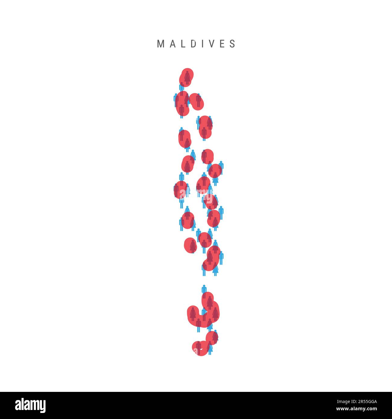 Maldives population map. Stick figures Maldivian people map with bold red translucent country border. Pattern of men and women icons. Isolated vector Stock Vector