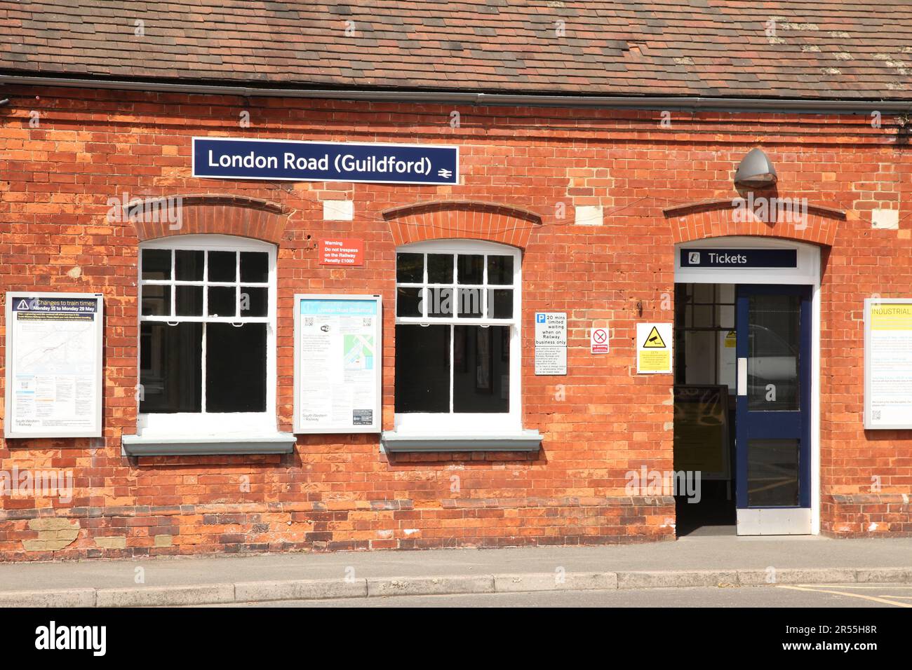 London Road Guildford railway station entrance, Guildford train station, Surrey, England, UK, Spring 2023 Stock Photo