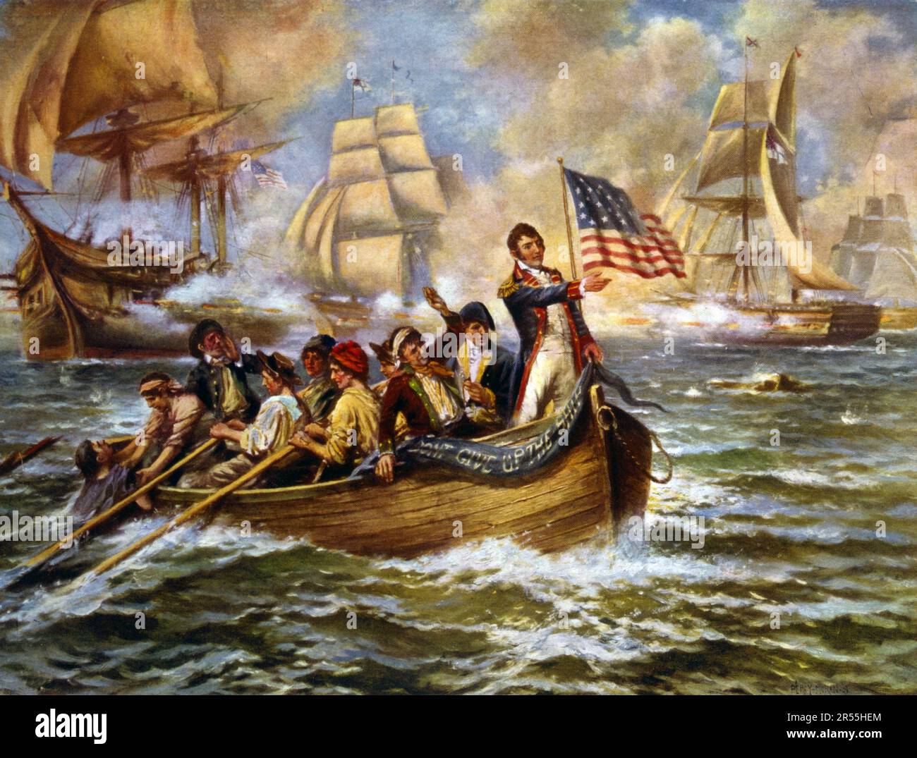 The Battle of Lake Erie, also known as the Battle of Put-in-Bay, took place on Lake Erie off the coast of Ohio on 10 September 1813 during the War of 1812. Oliver Hazard Perry stands in front of a small boat after abandoning his flagship, the Lawrence, Historic, digitally restored reproduction from an original of the period.  /  Die Schlacht am Eriesee, auch bekannt als Schlacht von Put-in-Bay, fand am 10. September 1813 während des Krieges von 1812 auf dem Eriesee vor der Küste von Ohio statt. Oliver Hazard Perry steht vor einem kleinen Boot, nachdem er sein Flaggschiff, die Lawrence, verlass Stock Photo