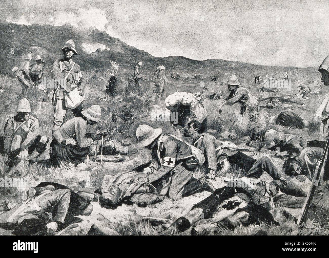 Boer War, An army surgeon at work on a battlefield where many wounded lie, South African War (1899-1902), Historical, digitally restored reproduction from an original of the period.  /  Burenkrieg, Ein Armeechirurg bei der Arbeit auf einem Schlachtfeld, auf dem viele Verletzte liegen, Südafrikanischer Krieg (1899-1902), Historisch, digital restaurierte Reproduktion von einer Vorlage aus der damaligen Zeit Stock Photo