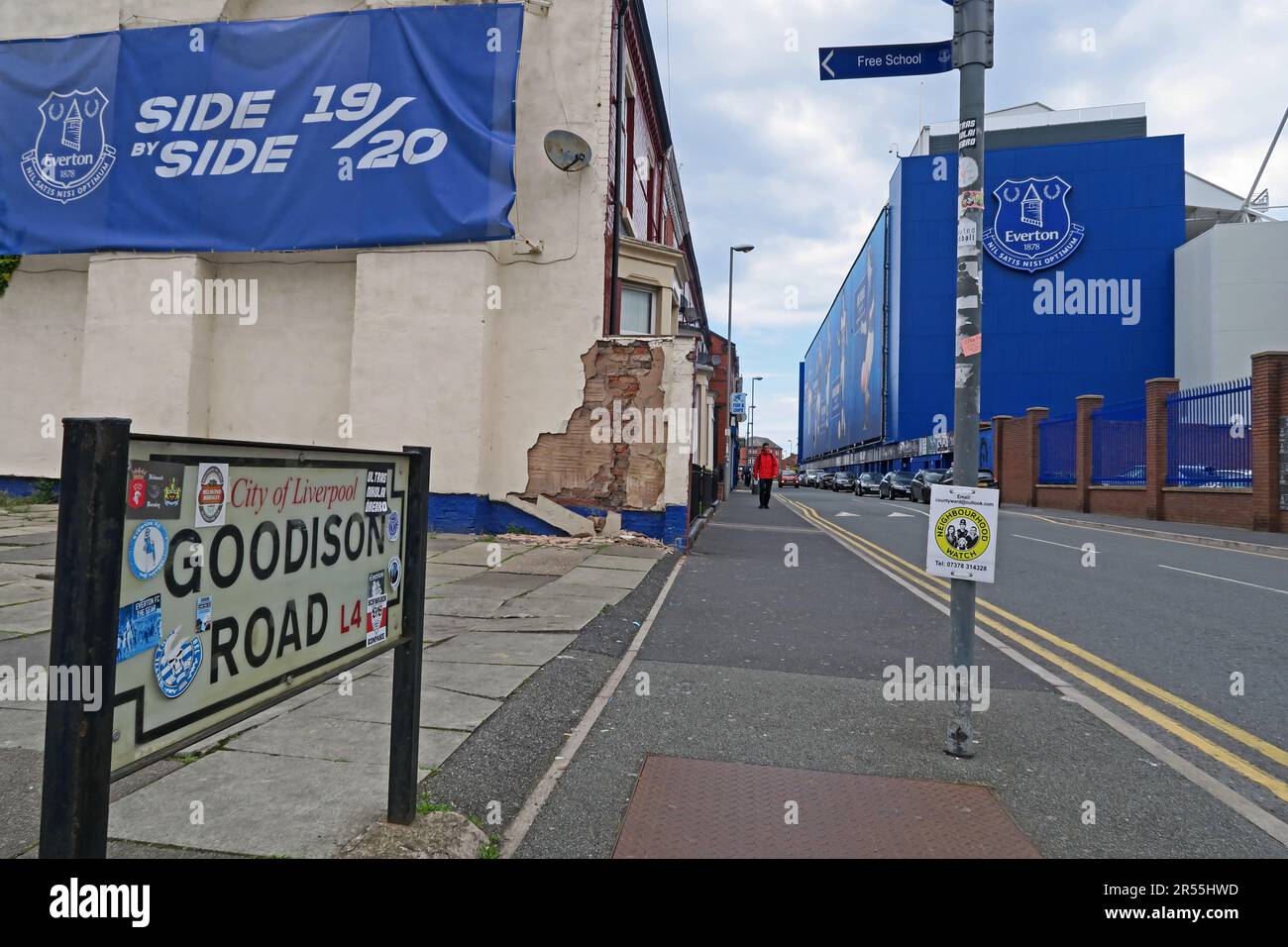 Goodison Road sign, EFC, Everton Football Club, Goodison Park Stadium, Liverpool , Merseyside, England, UK, L4 4EL Stock Photo