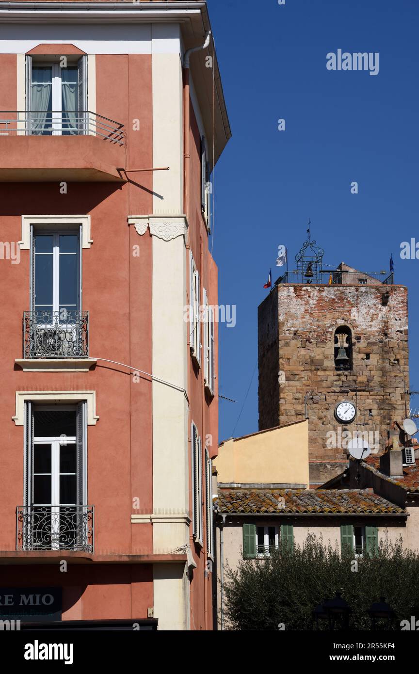 Old Town on Place Sadi Carnot with c13th San Rafeu Tower in Background Saint Raphael Var Côte-d'Azur or French Riviera France Stock Photo