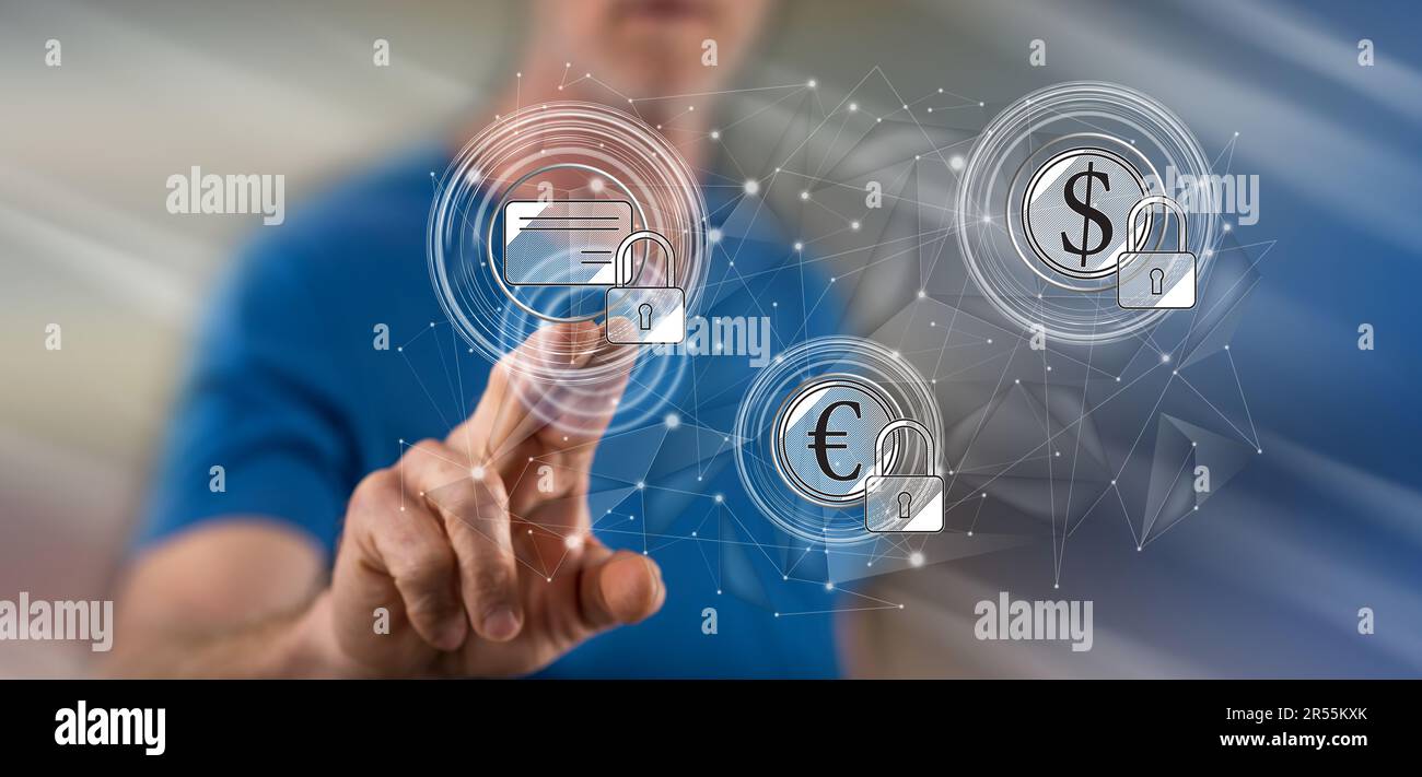 Man touching a payment security concept on a touch screen with his finger Stock Photo