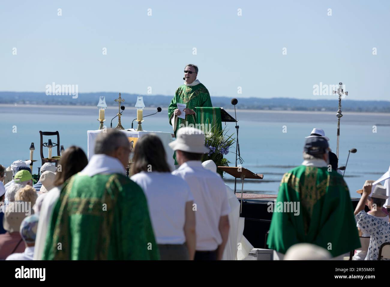 Recording of the TV program 'Le jour du Seigneur' (The Day of the Lord) in Cancale (Brittany, north-western France) on July 10, 2022 Stock Photo