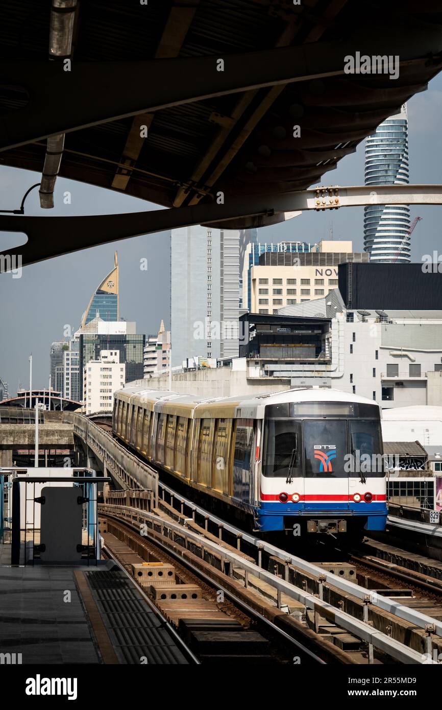 Bangkok Thailand 02nd June 2023 A Bts Skytrain Arrives At National Bangkok Thailand 02nd June 2023 A Bts Skytrain Arrives At National
