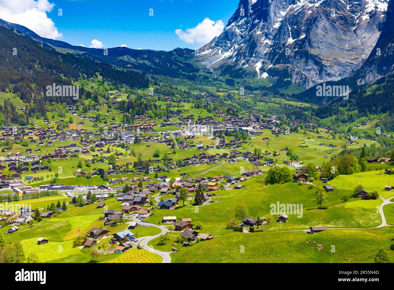 Aerial view of chalets and Wetterhorn mountain in Grindelwald from the