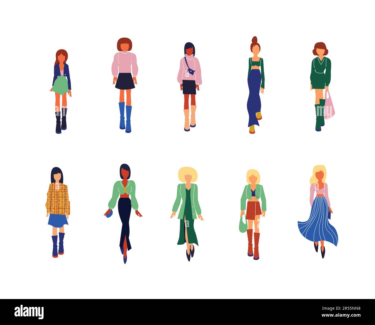 Collection of stylish young women dressed in trendy clothes. Vector ...