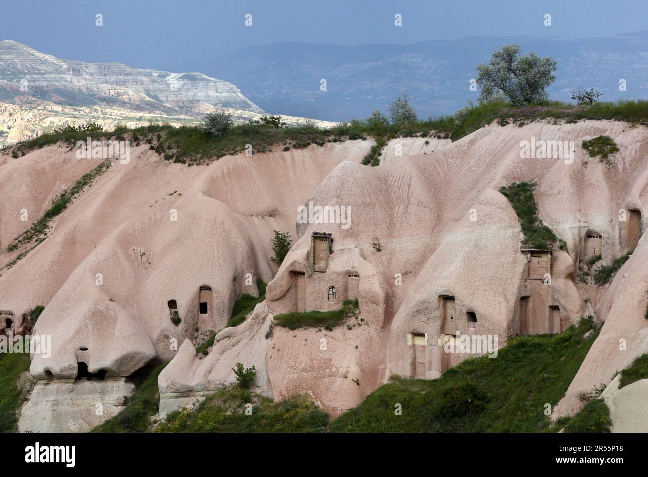 Former cave homes sit on a cliff face in Pigeon Valley at Uchisar in the Cappadocia region of Turkey. This region of Turkiye has a unique volcanic lan Stock Photo