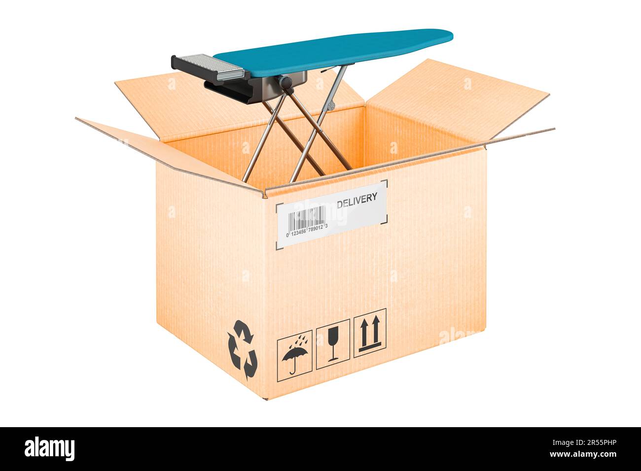 Ironing Board inside cardboard box, delivery concept, 3D rendering isolated on white background Stock Photo