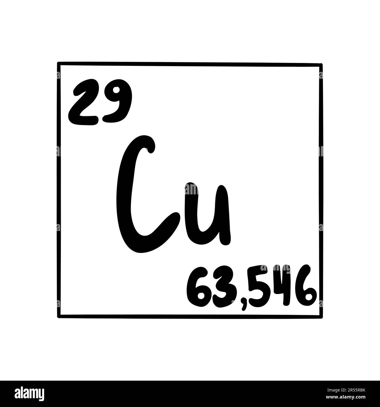 Copper. Chemical element in periodic table with atomic number and mass. Valuable solid material, dense heat-conducting metal. Vector black and white i Stock Vector
