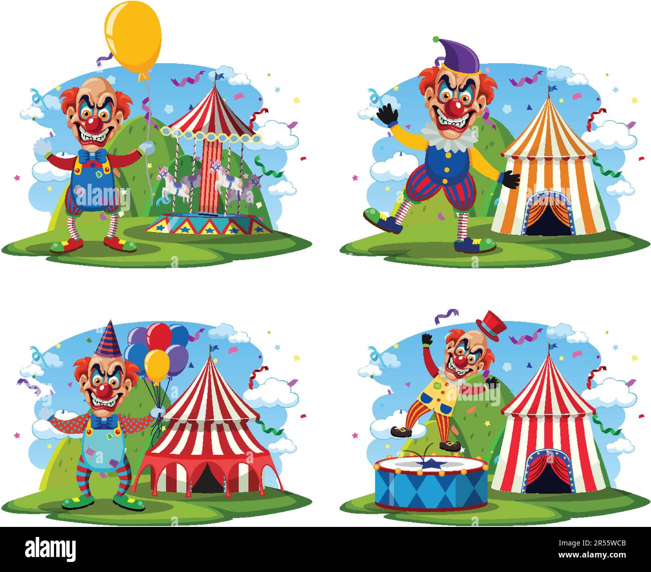 Creepy clown with circus tent background illustration Stock Vector