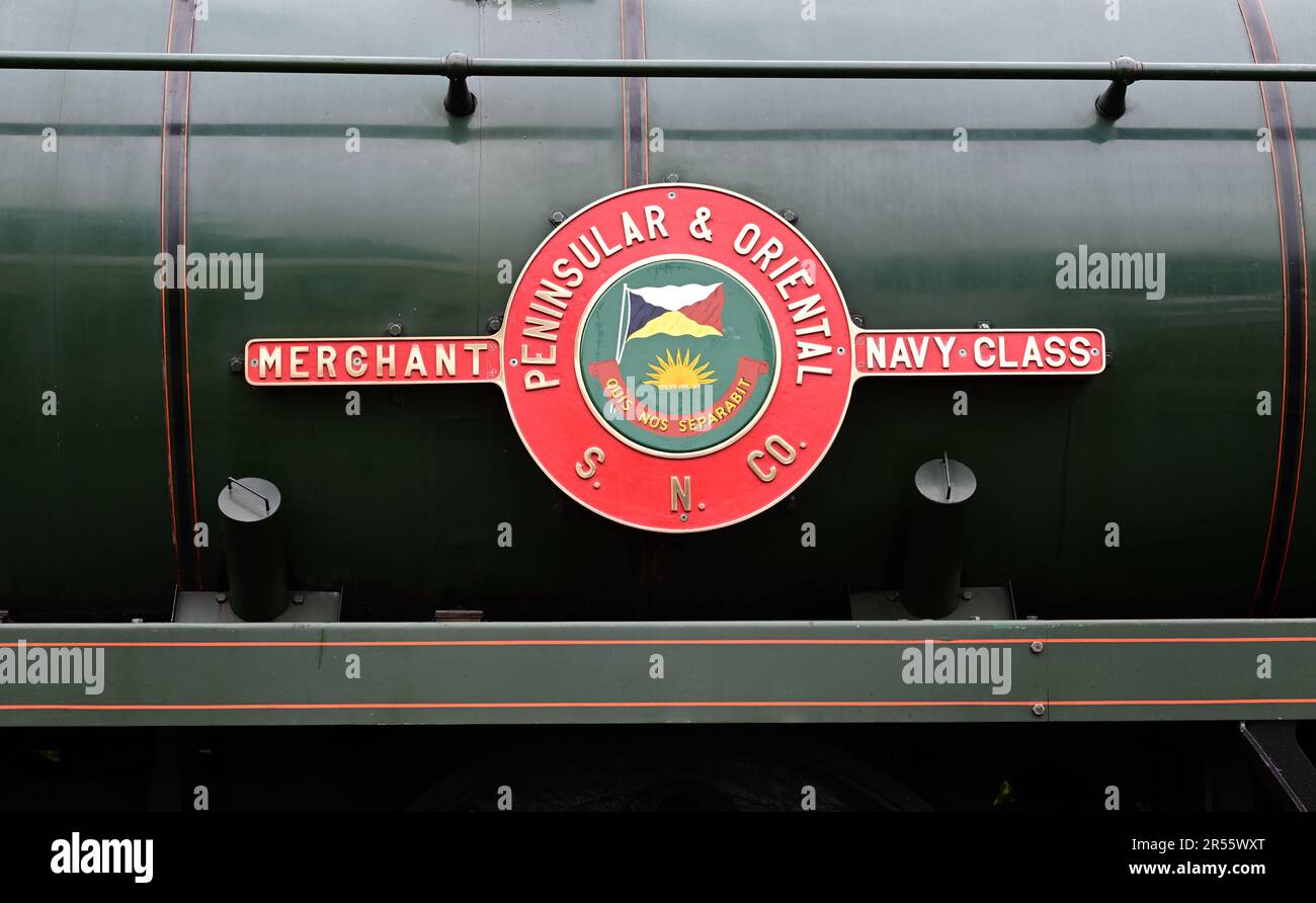 The nameplate of SR Merchant Navy class No 35006 Peninsular & Oriental S.N.Co at the GWSR's Cotswold Festival of Steam 2023. Stock Photo
