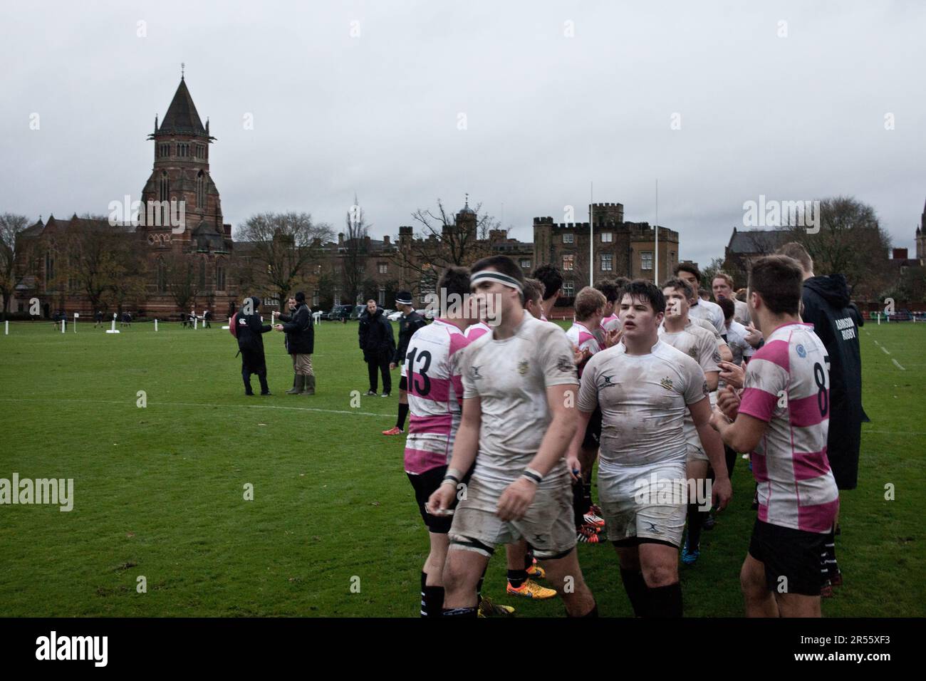 A rugby match played at 'the Close', at Rugby school, the same rugby pitch where that sport was allegedly invented by William Webb Ellis in 1823. Stock Photo