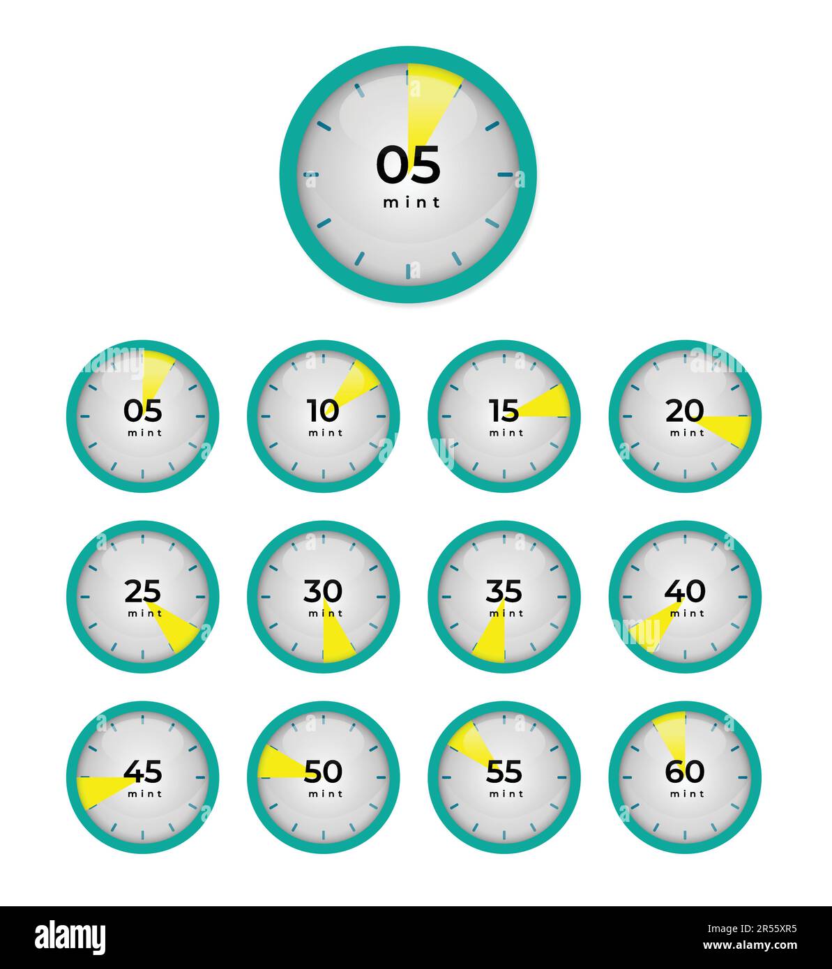 Set of cartoon style decent timer clocks with five minutes gap vector ...