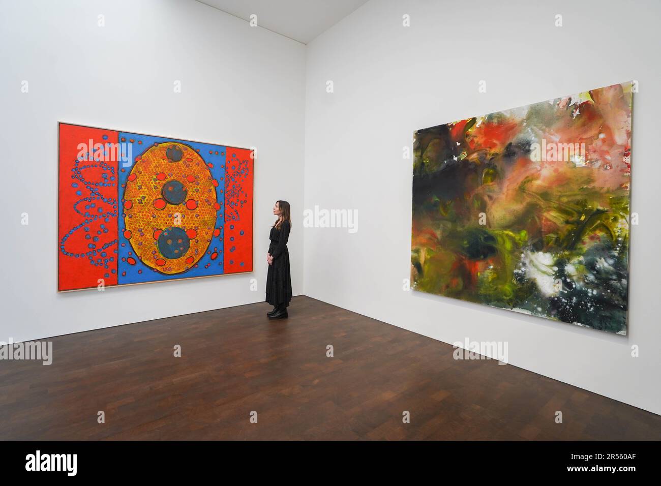 London UK. 1 June 2023 .L-R TERRY WINTERS. Beginning Being an Engine, 2022, Oil, wax, and resin on linen. MARY WEATHERFORD. The Garden of Earthly Delights, 2021. Flashe on linen.T o Bend the Ear of the Outer World a major exhibition of contemporary abstract painting unveiled at Gagosian art gallery, London by more than forty artists from the Americas, United Kingdom, and Germany. The exhibition in London examines the significance of abstract painting today,  Juxtaposing a diverse range of approaches to contemporary abstraction.Credit: amer ghazzal/Alamy Live News Stock Photo