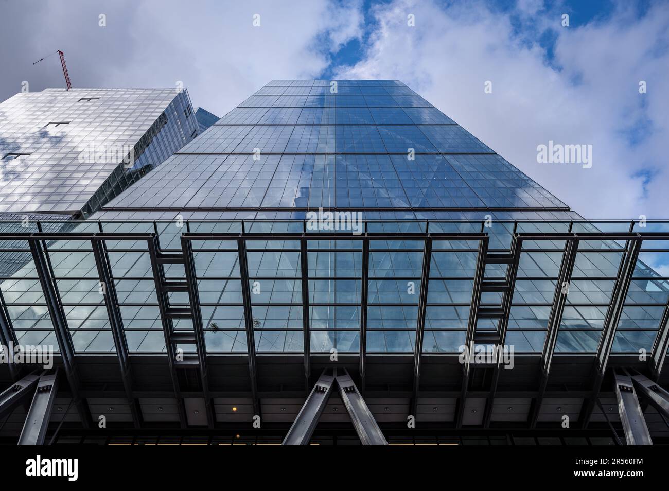 London, UK: The Cheesegrater or Leadenhall Building at 122 Leadenhall Street. A modern London skyscraper seen from the entrance on Leadenhall Street. Stock Photo