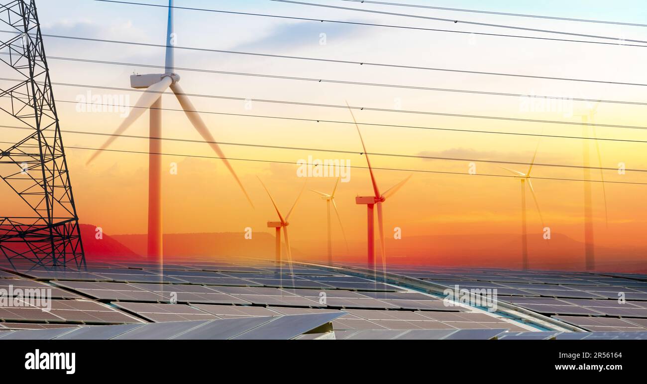 Sustainable energy. Solar farm, wind turbine, and electric pylon with ...