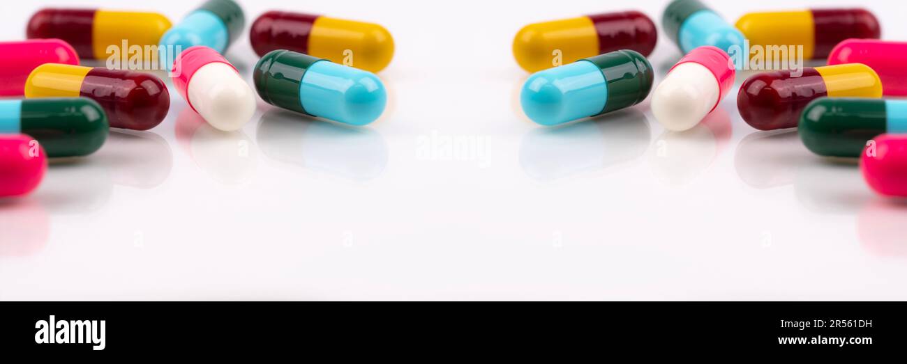 Antibiotic capsule pills on white background. Antibiotic drugs. Healthcare and medicine. Pharmaceutical industry. Prescription drugs. Pharmacology Stock Photo