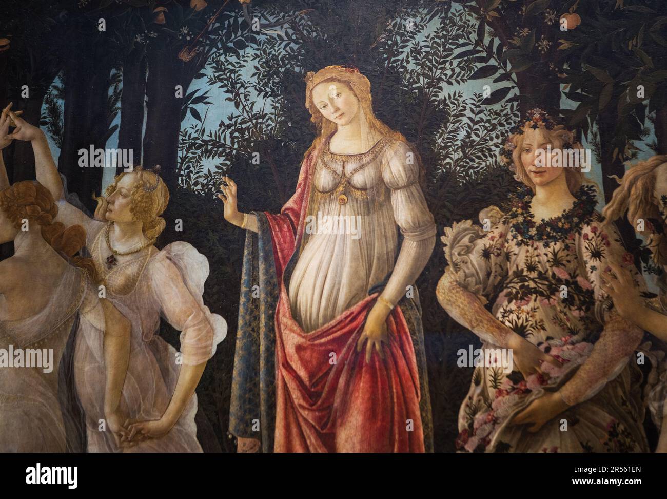 Florence, Tuscany, Italy - May 24, 2023: Fragment of Primavera painting masterpiece - Venus Roman goddess and Flora by Sandro Botticelli Italian Renai Stock Photo