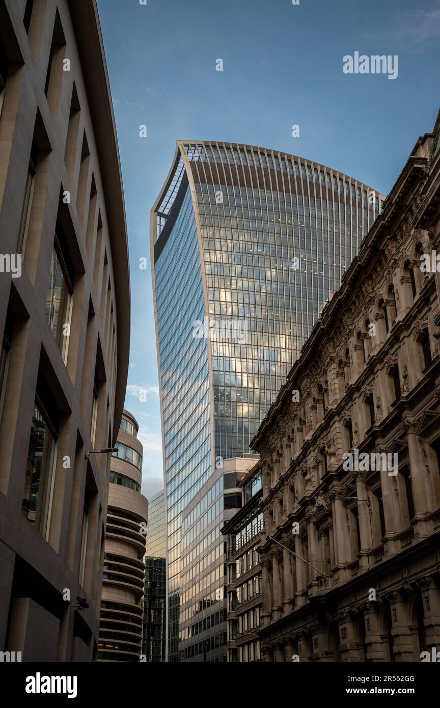 London, UK: Looking up at the Walkie-Talkie building or Fenchurch Building at 20 Fenchurch Street in the City of London. Lombard Street in foreground. Stock Photo