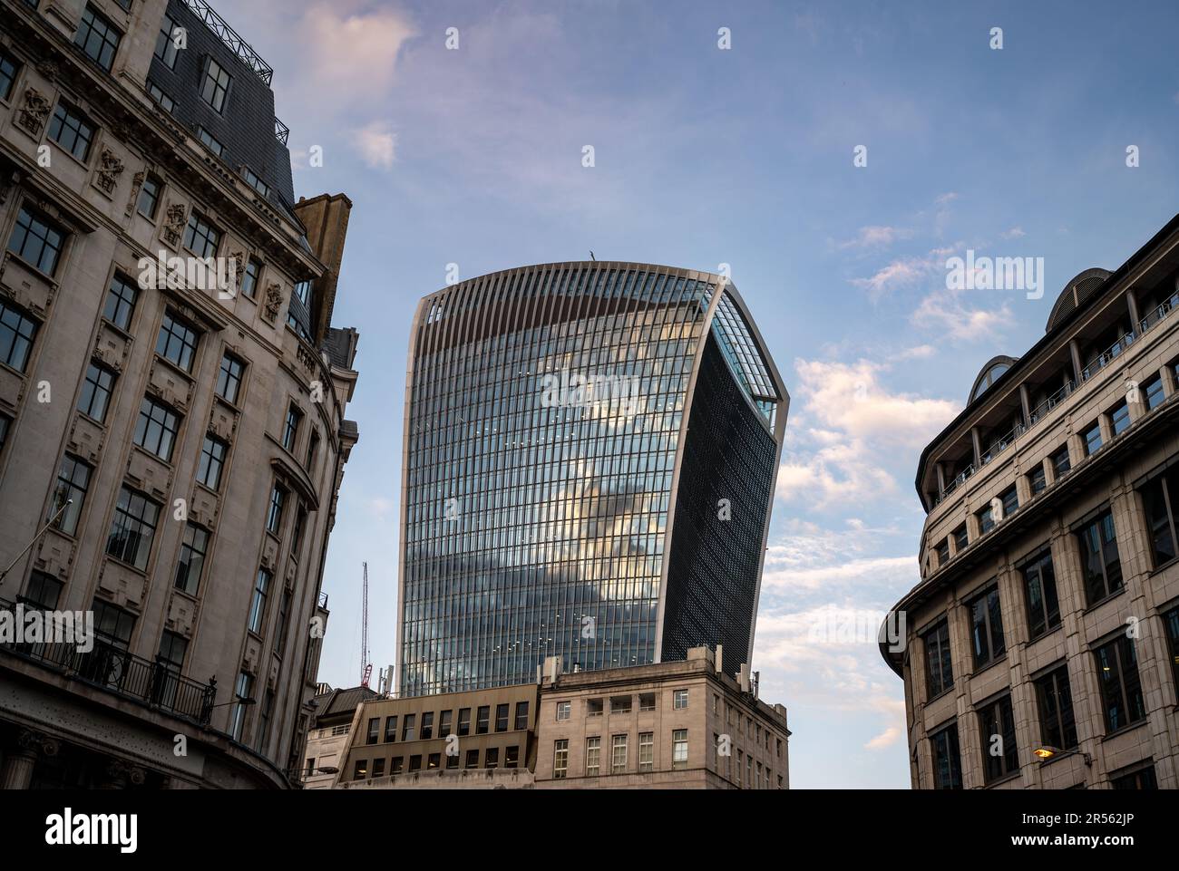 London, UK: Looking up at the Walkie-Talkie building or Fenchurch Building at 20 Fenchurch Street in the City of London. Stock Photo
