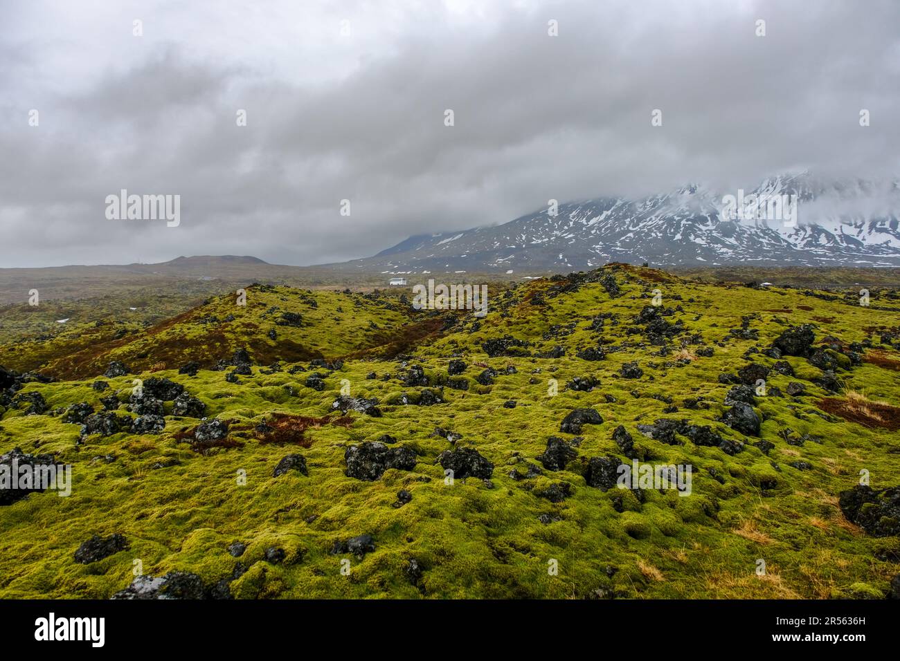 Snowcapped mountain in barren volcanic terrain, Iceland Stock Photo