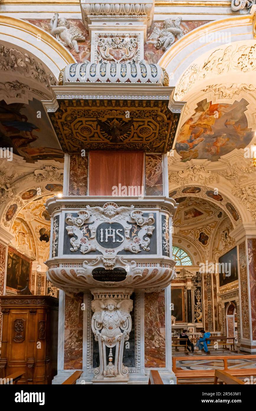 Pulpit in central nave of the Baroque style church of Jesus (chiesa del ...