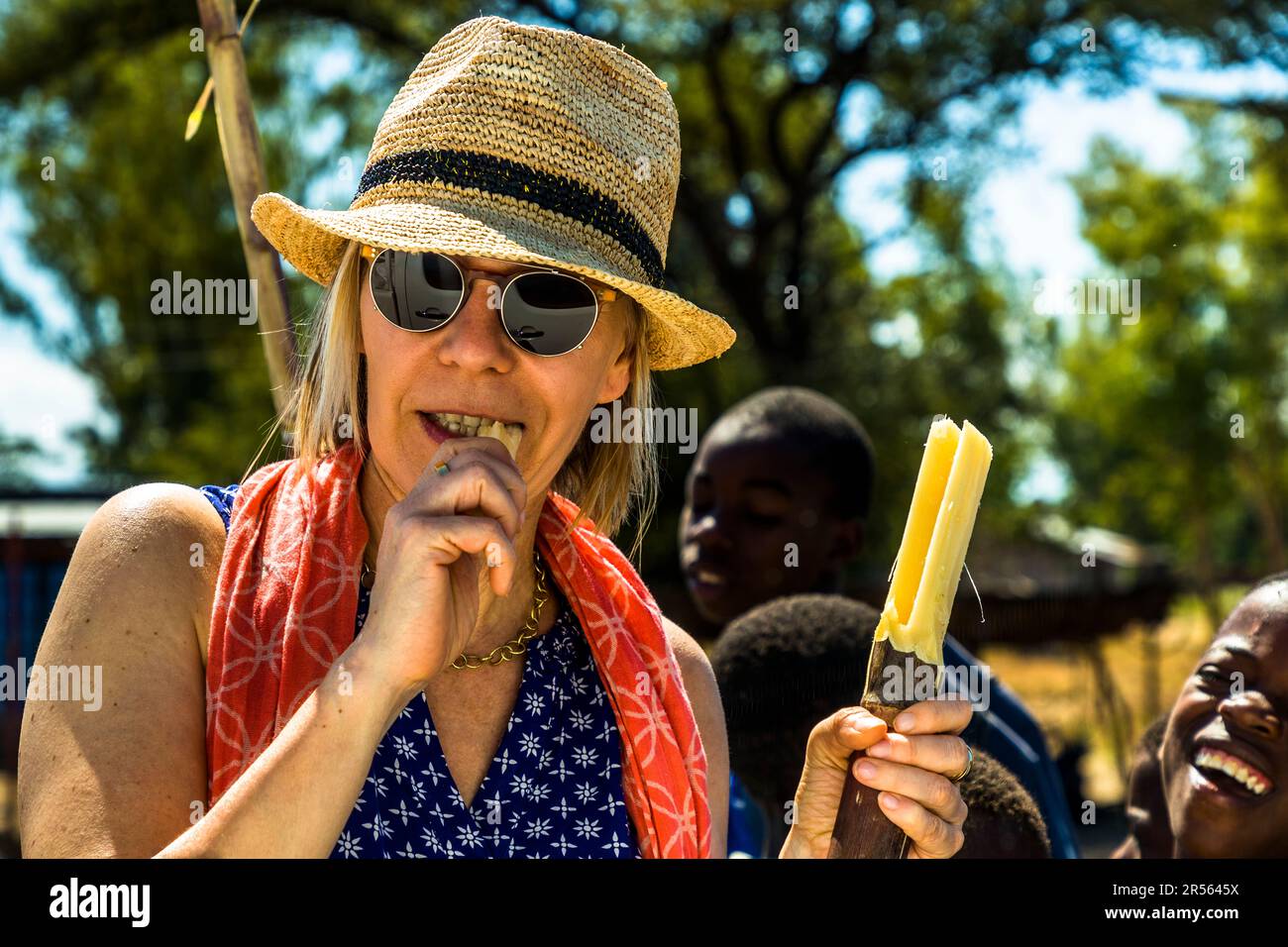 Street sale of sugar cane ready for consumption in Mtyala, Malawi Stock