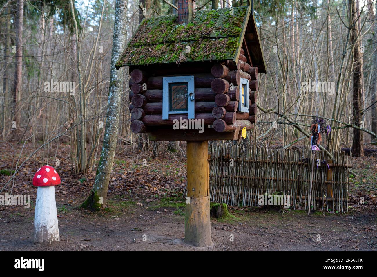 A hut on chicken legs stands in a fairy-tale, magical forest. Stock Photo