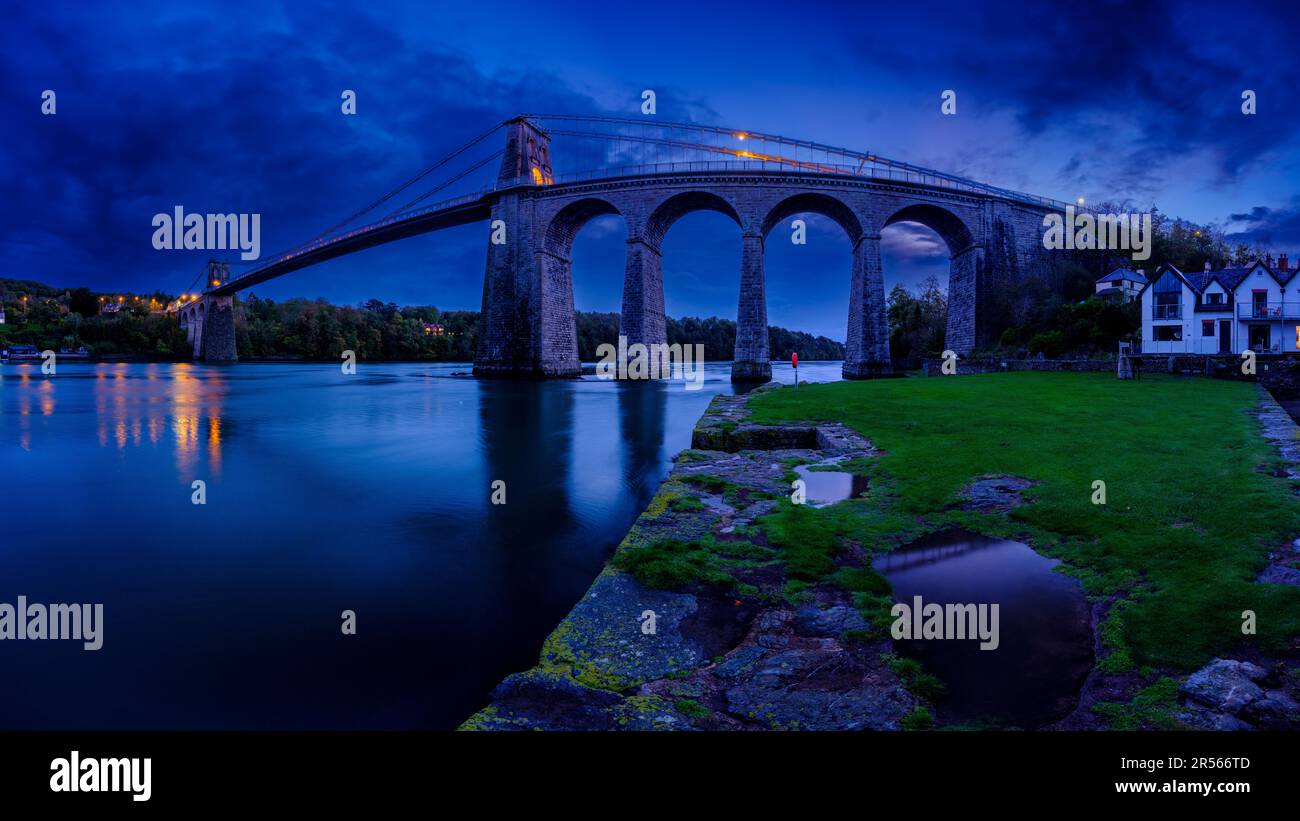 Menai Bridge, Wales November 1, 2022 Menai Bridge at night, Anglesey
