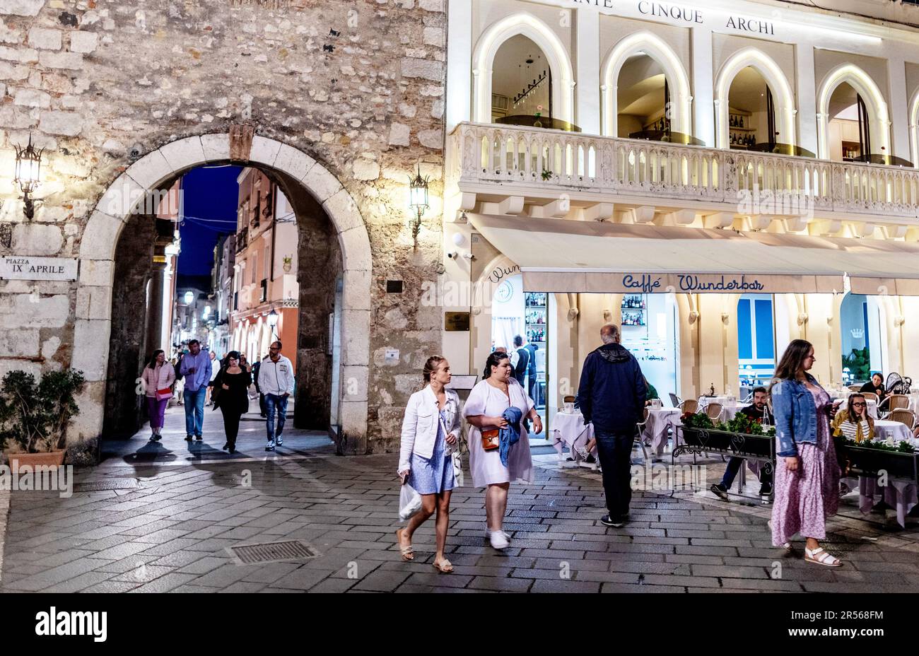 Nightime Squares and Shops in Taormina Sicily Stock Photo