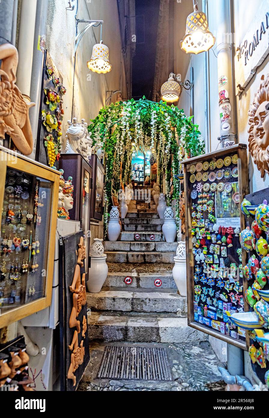 Nightime Squares and Shops in Taormina Sicily Stock Photo