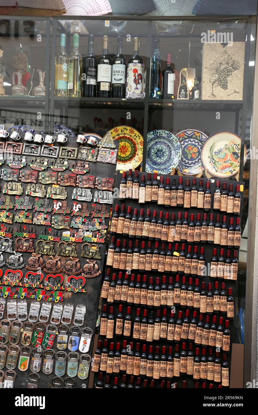 Evora, Portugal- October 10, 2022: Colorful souvenirs in a row in a shop in Evora town Stock Photo