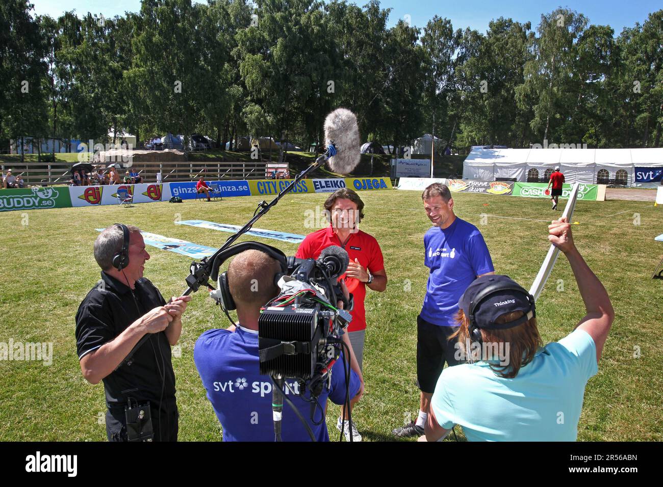 Jovan Radomir, in red in the middle, from Sveriges Television, during SM-veckan, Halmstad, Sweden. Stock Photo