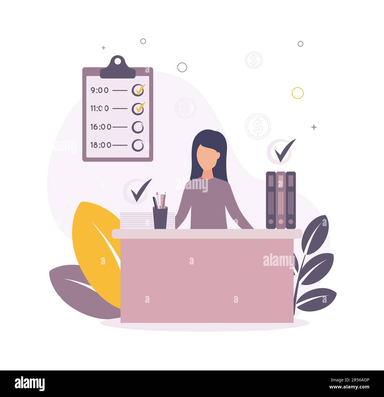 Time management. Illustration of a woman sitting at a table on which papers and folders, above them a check mark about a job, on a background a graph Stock Vector