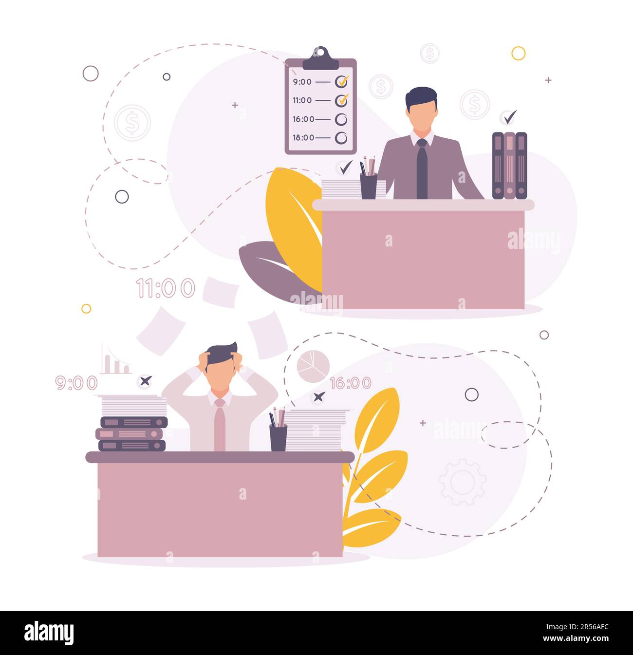 Time management illustration. Illustration of a man sitting at a table on which papers and folders, a checkmark above them on a task Stock Vector
