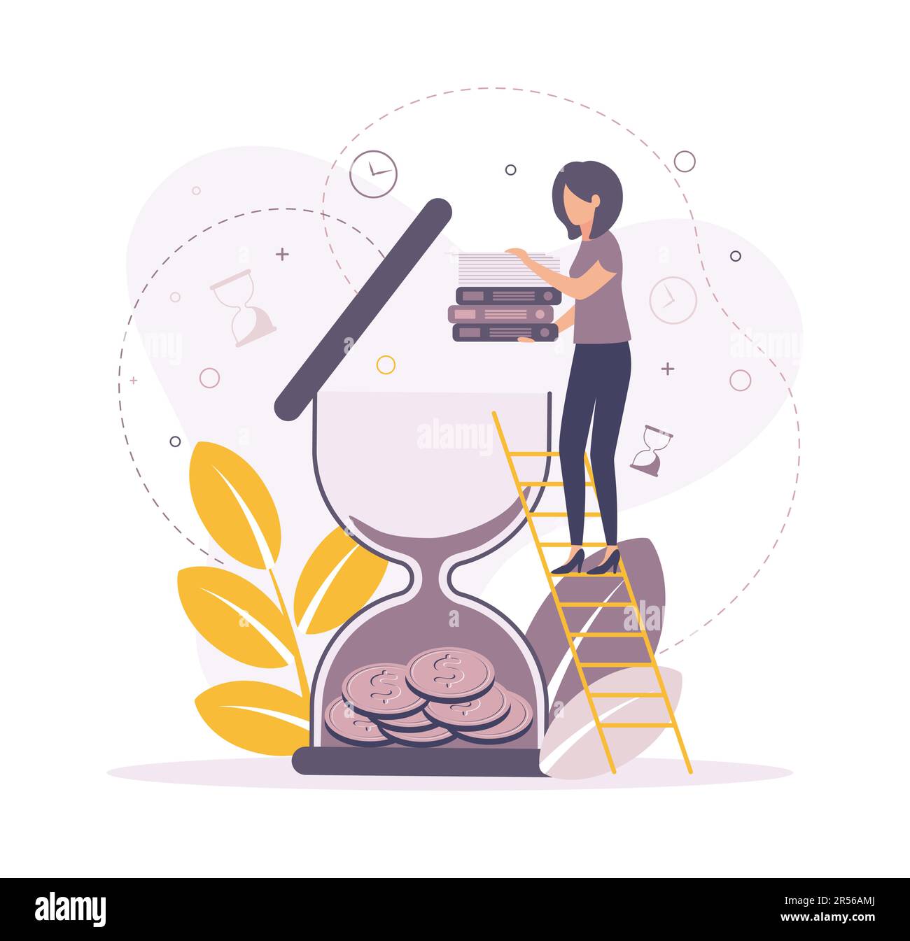 Time management illustration. Illustration of a woman standing on the stairs, puts documents in the hourglass in which the coins lie. Stock Vector