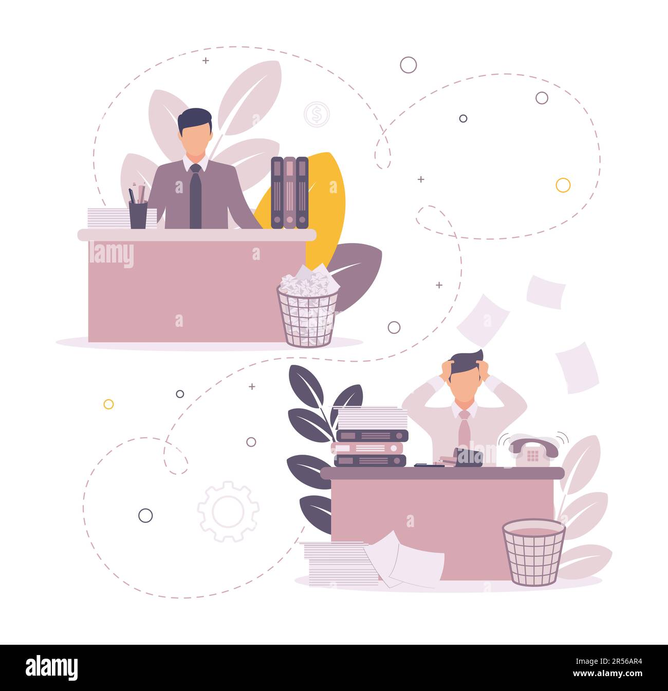 Time management illustration. Illustration of a man sitting at a table on which papers and folders, a checkmark above them on a task, against a Stock Vector