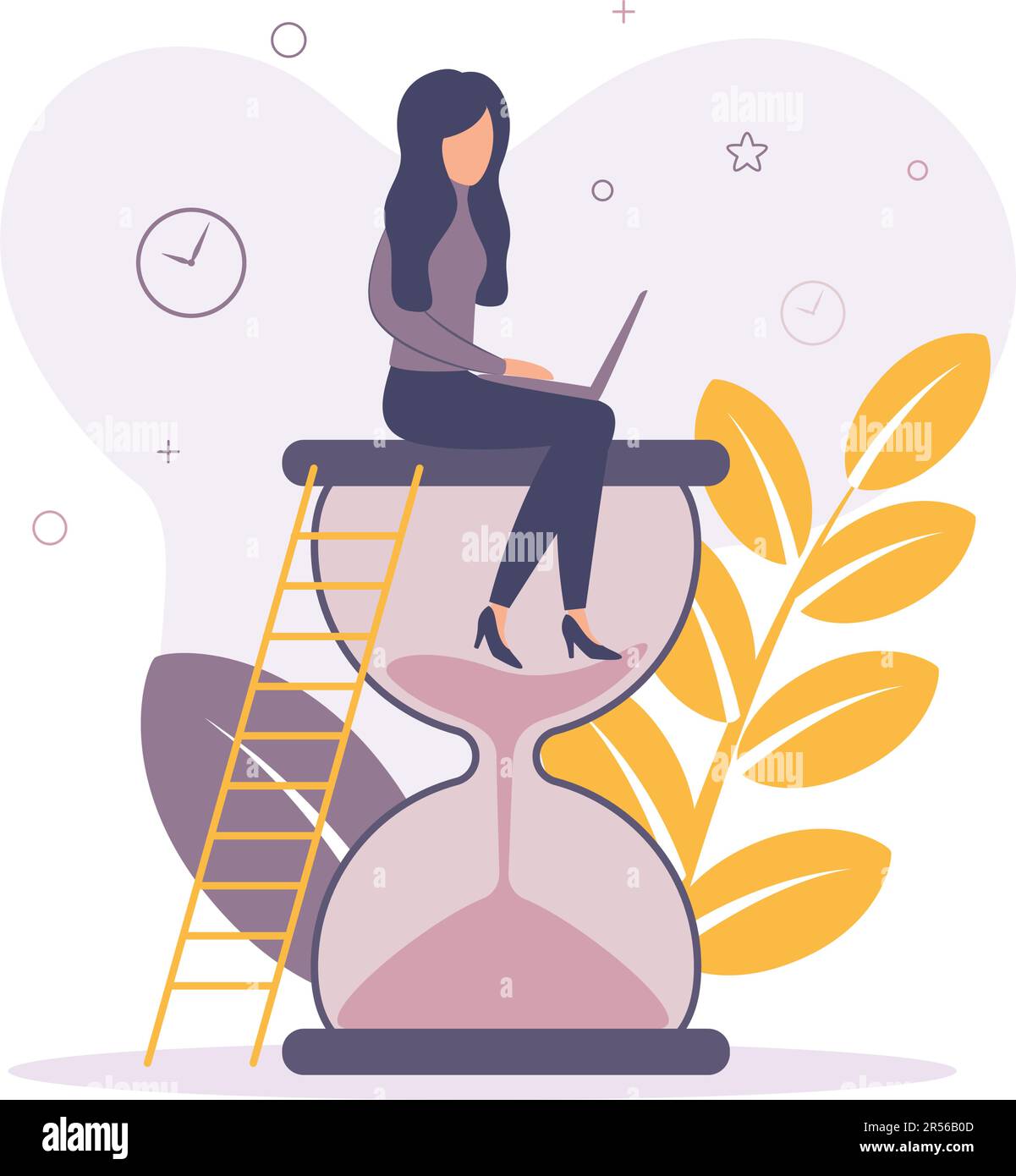 A woman is sitting on an hourglass. Woman with a laptop. Woman working on a laptop while sitting on an hourglass. Stock Vector