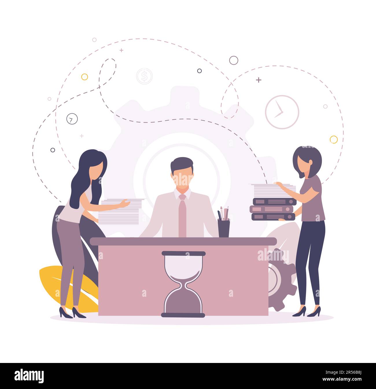 Time management illustration. Illustration of a man sitting at a table, an hourglass in front of him, next to a woman are holding documents, folders Stock Vector