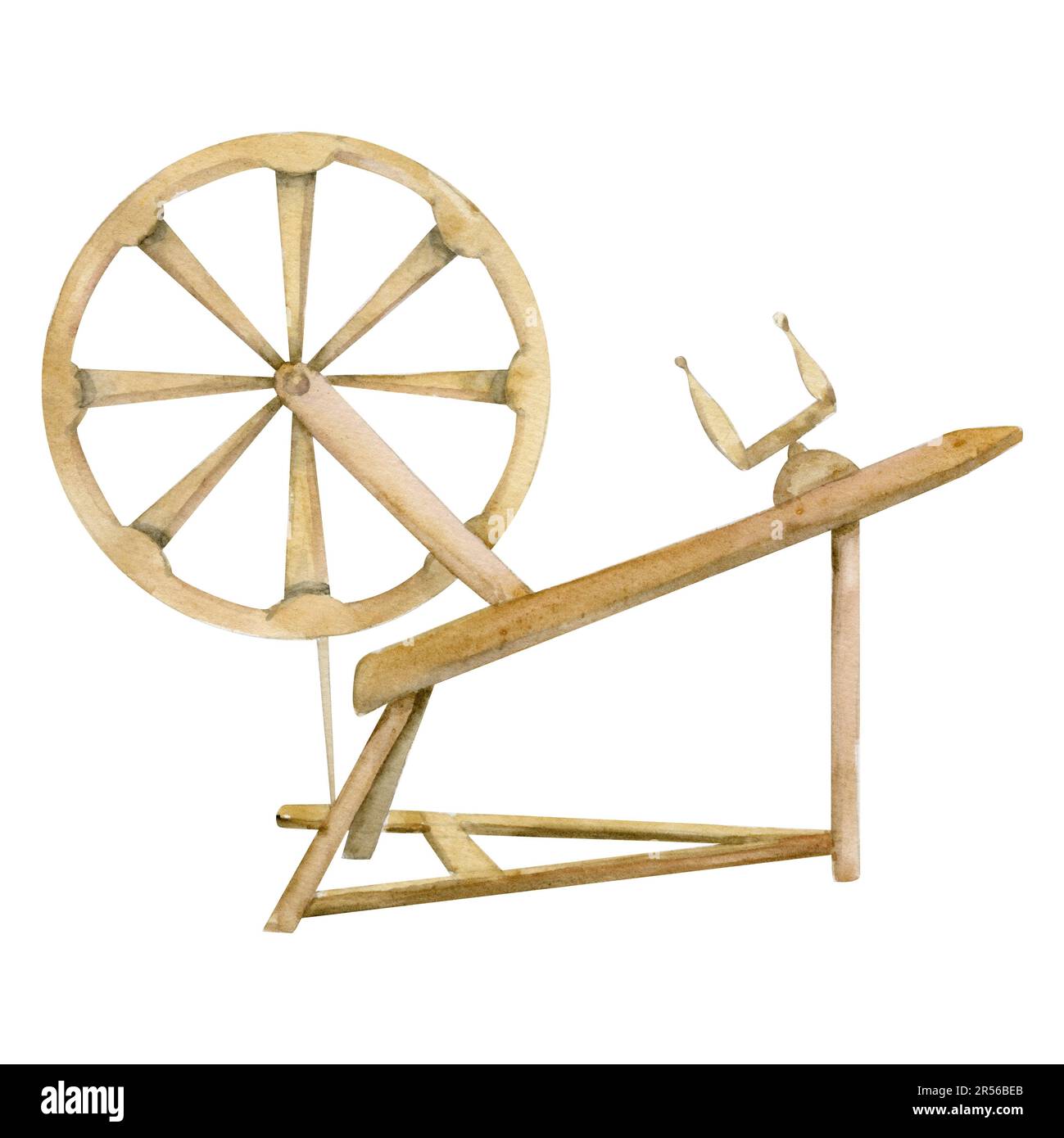 Hand drawn watercolor wooden spinning wheel and spindle for hobby