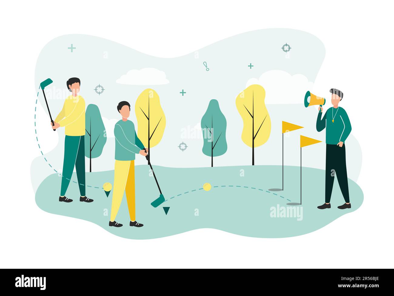 Golf illustration. Golf players with clubs in their hands are trained by a man with a shout in his hands on a golf course with flagpoles and trees. Stock Vector