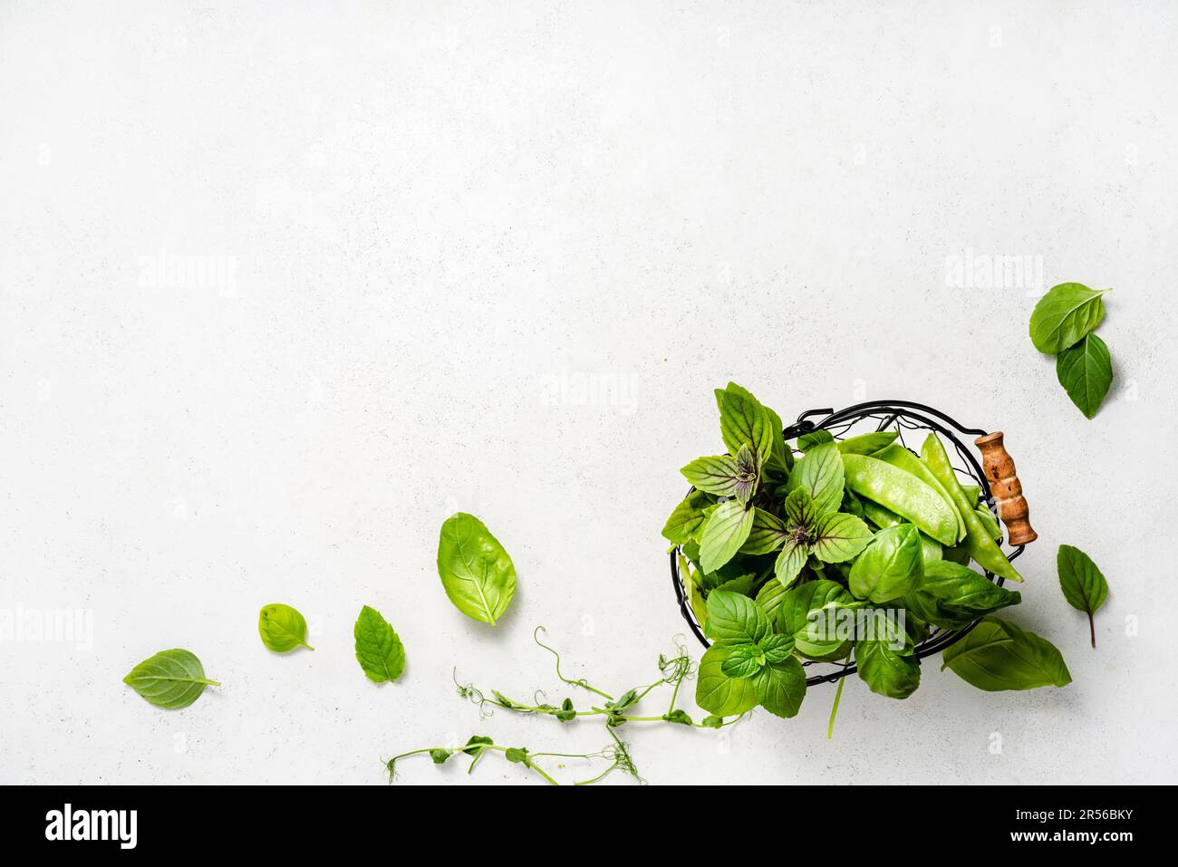 Food cooking background with herbs. Top view of assortment of basil ...