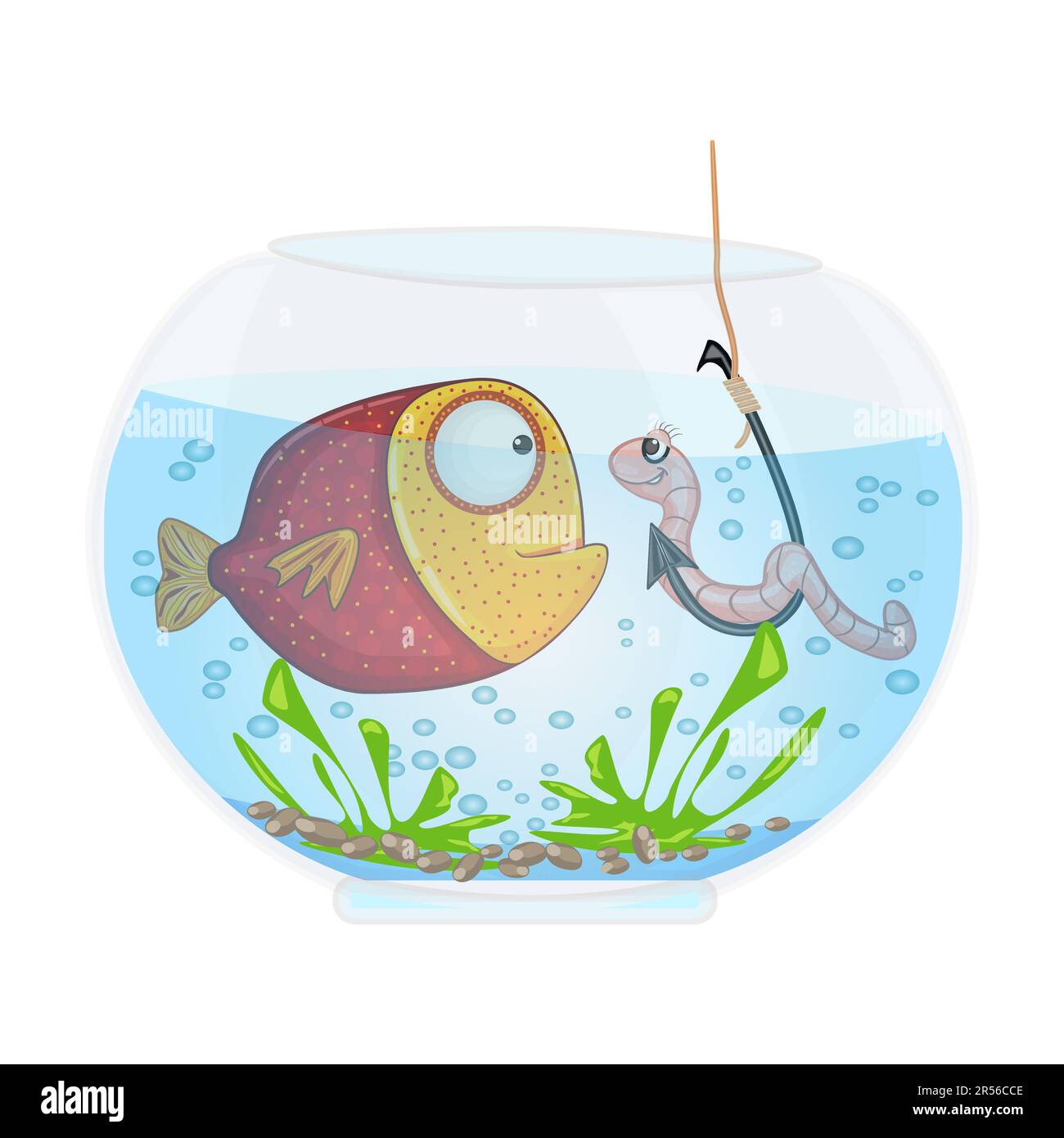 Fish and worm on hook in aquarium. Fishing in the fishbowl. Astonished cartoon fish look to earthworm on fishhook.Bait lure fishes.Vector illustration Stock Vector