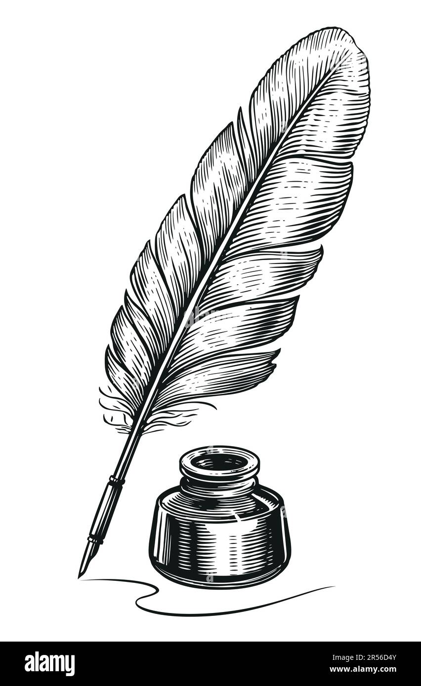 Inkwell and feather quill dip pen in vintage engraving style. Hand
