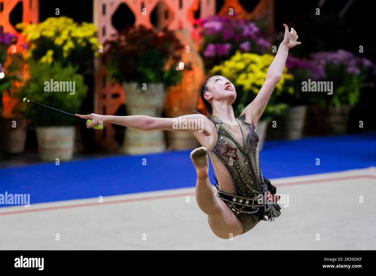 Manila. 1st June, 2023. Kim Joowon of South Korea competes during the clubs event of senior qualifications at the 14th Senior and 19th Junior Rhythmic Gymnastics Asian Championships in Manila, the Philippines on June 1, 2023. Credit: Rouelle Umali/Xinhua/Alamy Live News Stock Photo