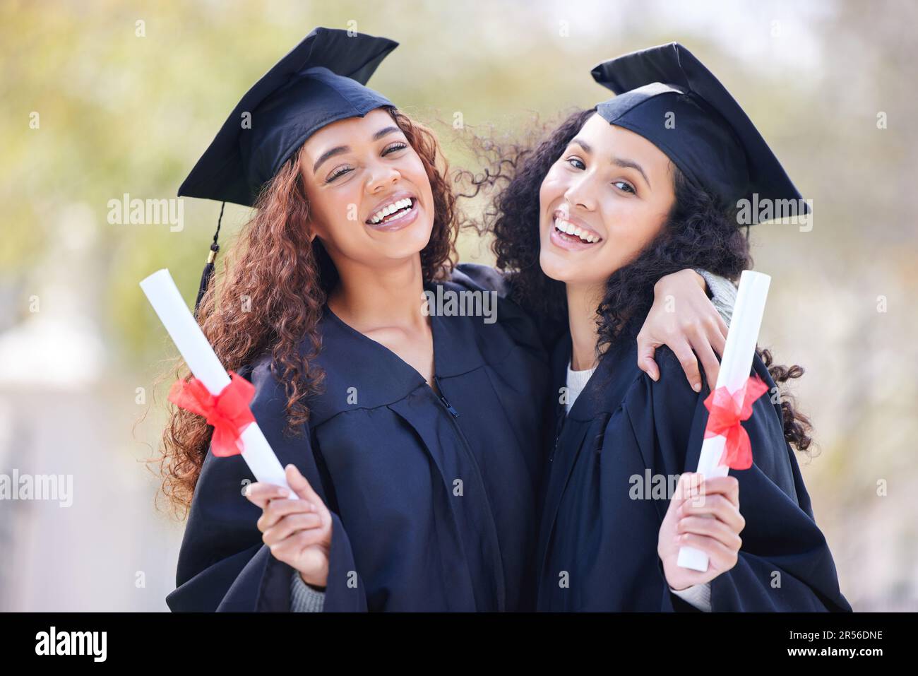 Friendship Graduate Graduation, certificate and portrait of friends at college with ...