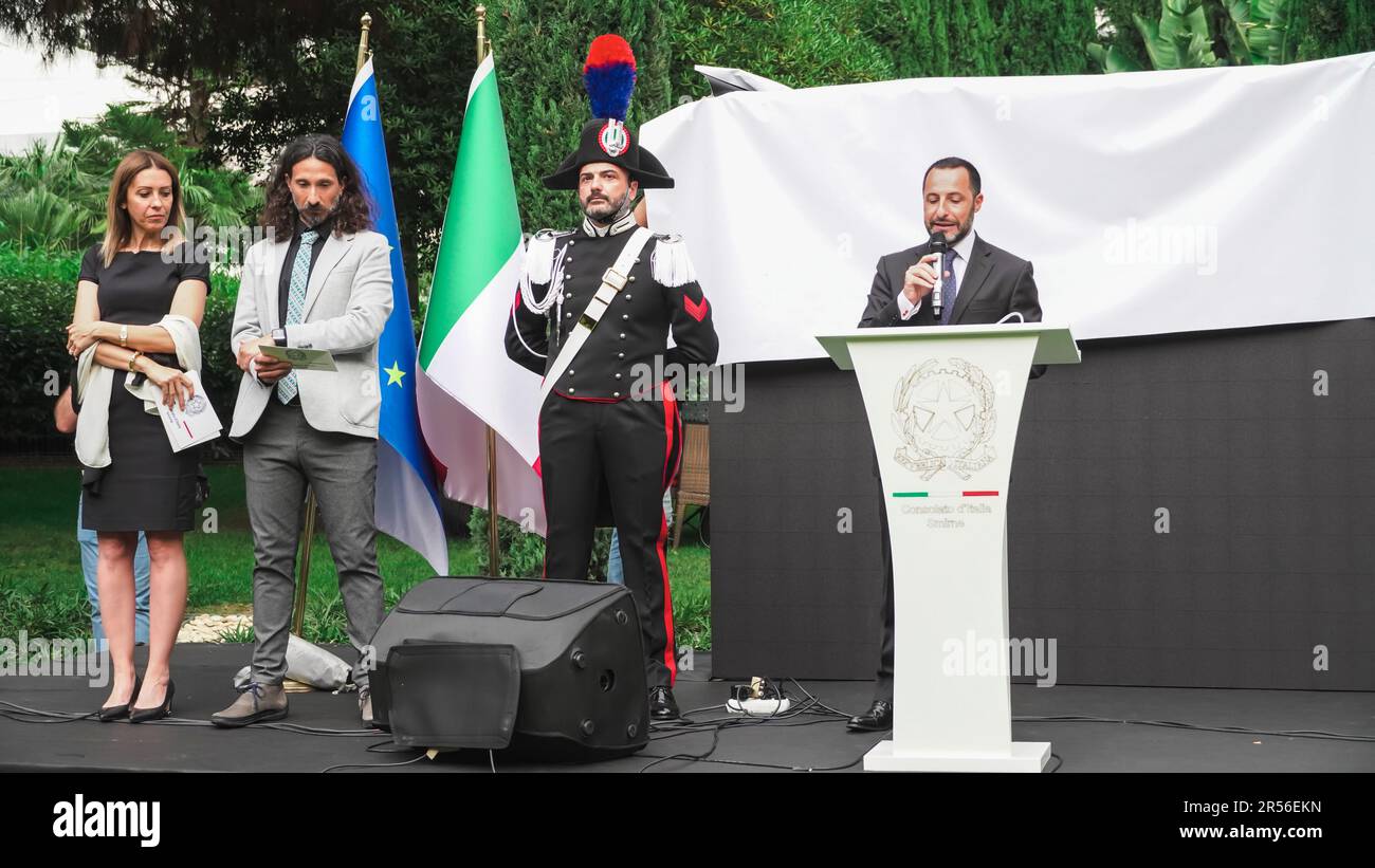 Izmir. Turkey: 31/05/2023, Italy's Republic Day has marked the 77th edition of the annual event and has celebrated with a reception organized by the Italian Consulate in Izmir. A large number of Turkish, Italian and foreign diplomats, business people and society have attended the reception in a hotel hosted by Italy's Izmir Consul Valerio Giorgio. Valerio Giorgio, Consul of Italy in Izmir, honoring Pietro Alba, President of Izmir Italy Chamber of Commerce, as Order of the State of the Republic of Italy' Commendatore della stella d'Italia'. (Photo by Idil Toffolo/Pacific Press) Stock Photo