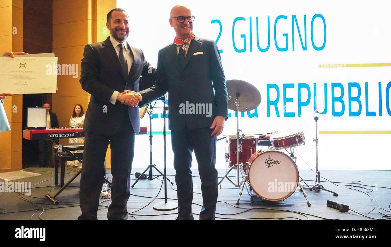 Izmir. Turkey: 31/05/2023, Italy's Republic Day has marked the 77th edition of the annual event and has celebrated with a reception organized by the Italian Consulate in Izmir. A large number of Turkish, Italian and foreign diplomats, business people and society have attended the reception in a hotel hosted by Italy's Izmir Consul Valerio Giorgio. Valerio Giorgio, Consul of Italy in Izmir, honoring Pietro Alba, President of Izmir Italy Chamber of Commerce, as Order of the State of the Republic of Italy' Commendatore della stella d'Italia'. (Photo by Idil Toffolo/Pacific Press) Stock Photo