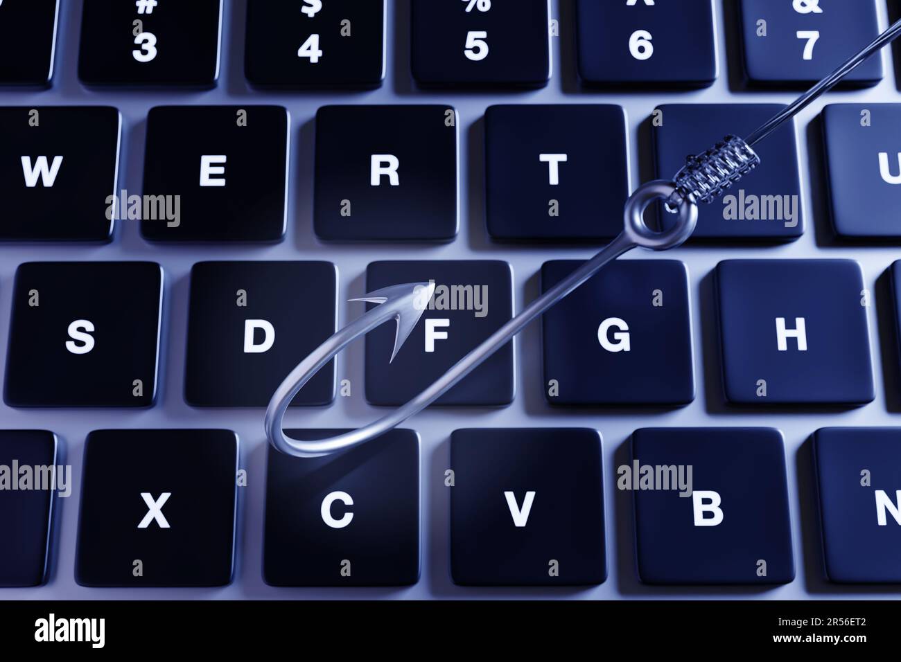 Fish hooks on a laptop keyboard. Illustration of the concept of email and web phishing Stock Photo